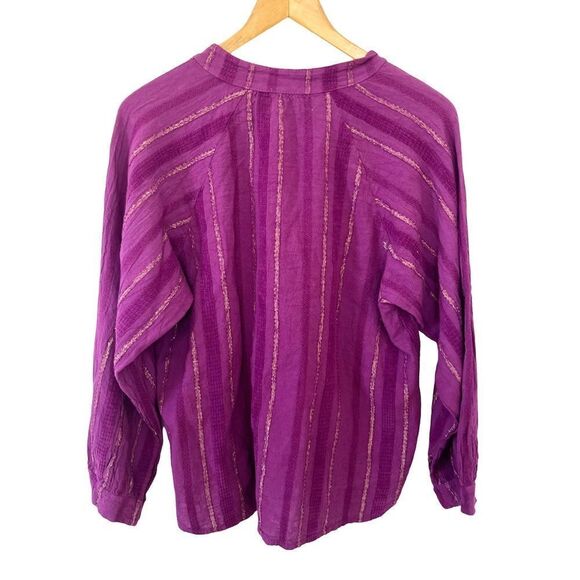 Made in Italy Vibrant Purple Textured Sparkly Peasant Boho Button Down Blouse - Picture 2 of 7